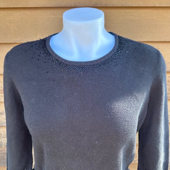 Vintage Laura Scott Petite Black Beaded Sweater L 3/4 Sleeve Acrylic & Cotton Bl - Picture 4 of 8
